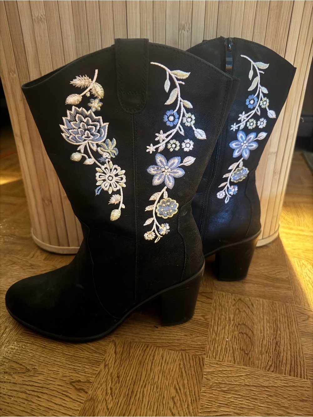 Black WIDE CALF Embroidered Floral Western Boots